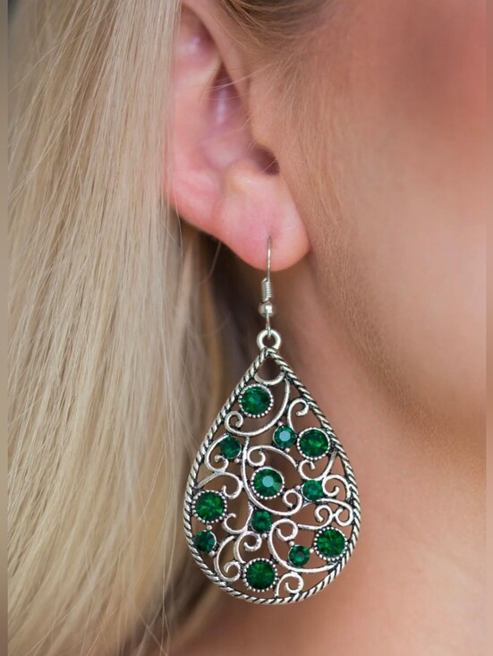 paparazzi Jewelry - Paparazzi Silver Filigree Teardrop Earrings with Emerald Rhinestones